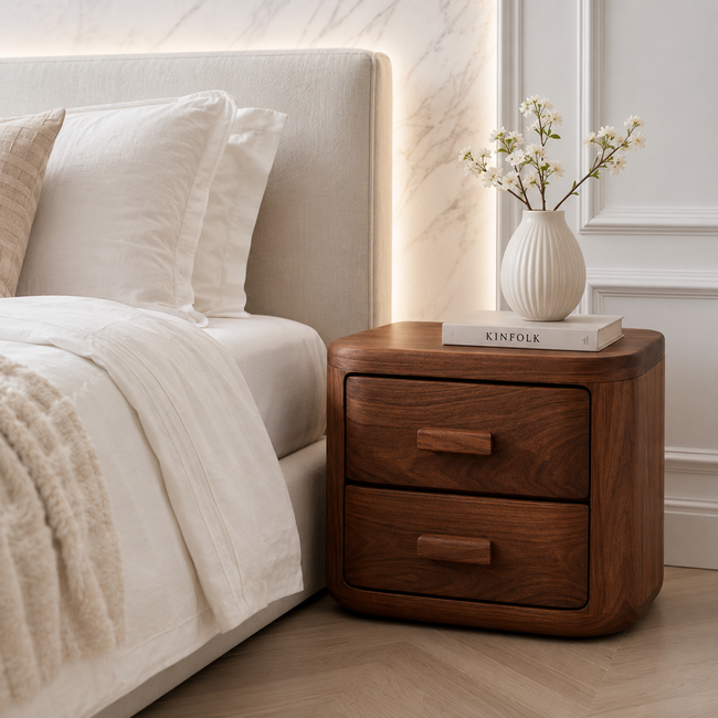 Rounded Wood Nightstand – Solid Wood Bedside Table for Bedroom Decor Hover Image
