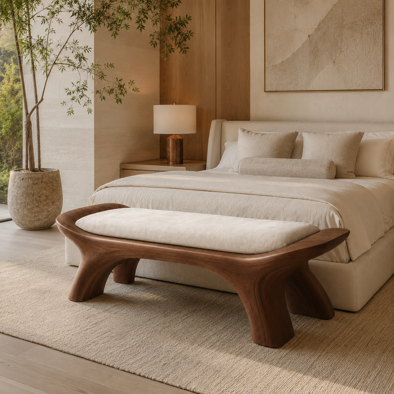 Sculptural Wood Bedroom Bench – Solid Wood End of Bed Bench with Cushion for Bedroom Decor