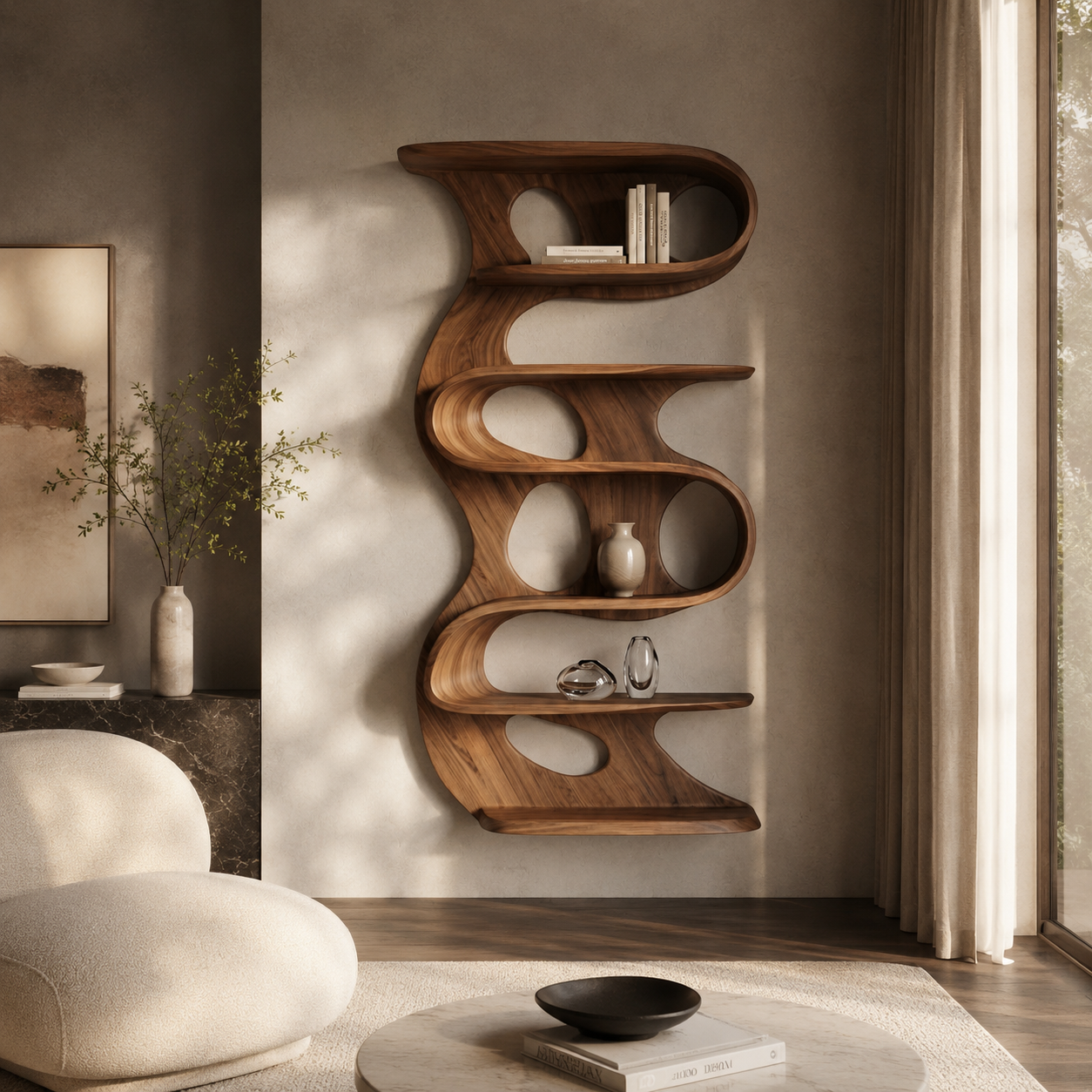 Vertical Bookcase – Sculptural Solid Wood Display Shelf