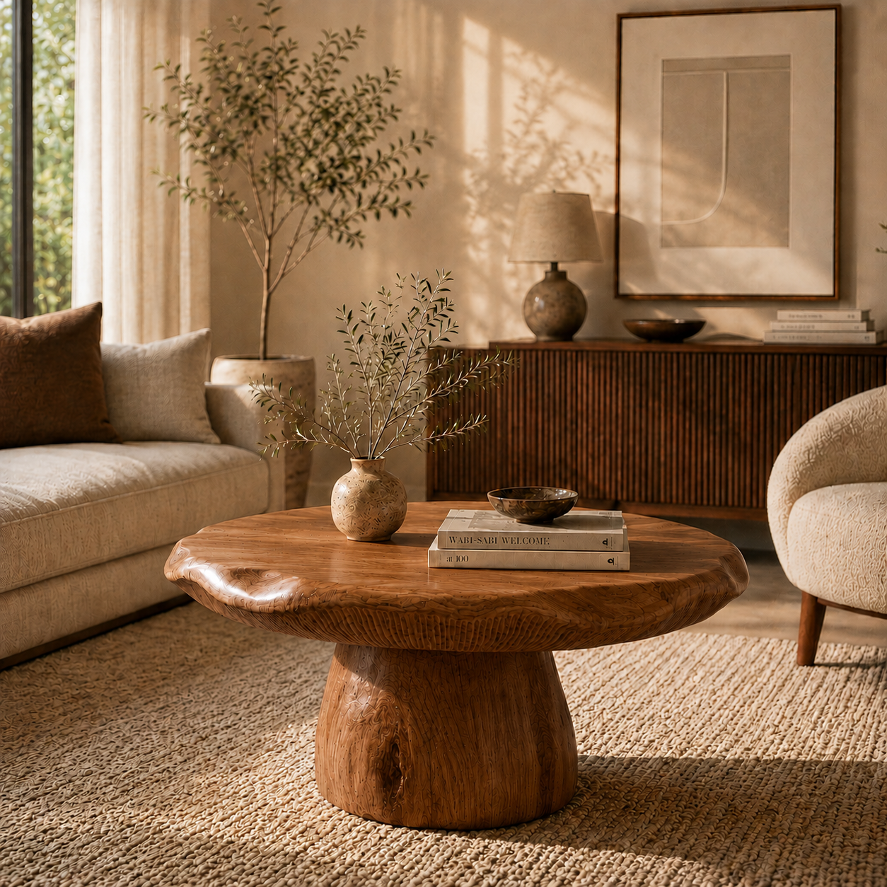 Tree Stump Coffee Table – Solid Wood Round Coffee Table for Rustic Living Room Decor