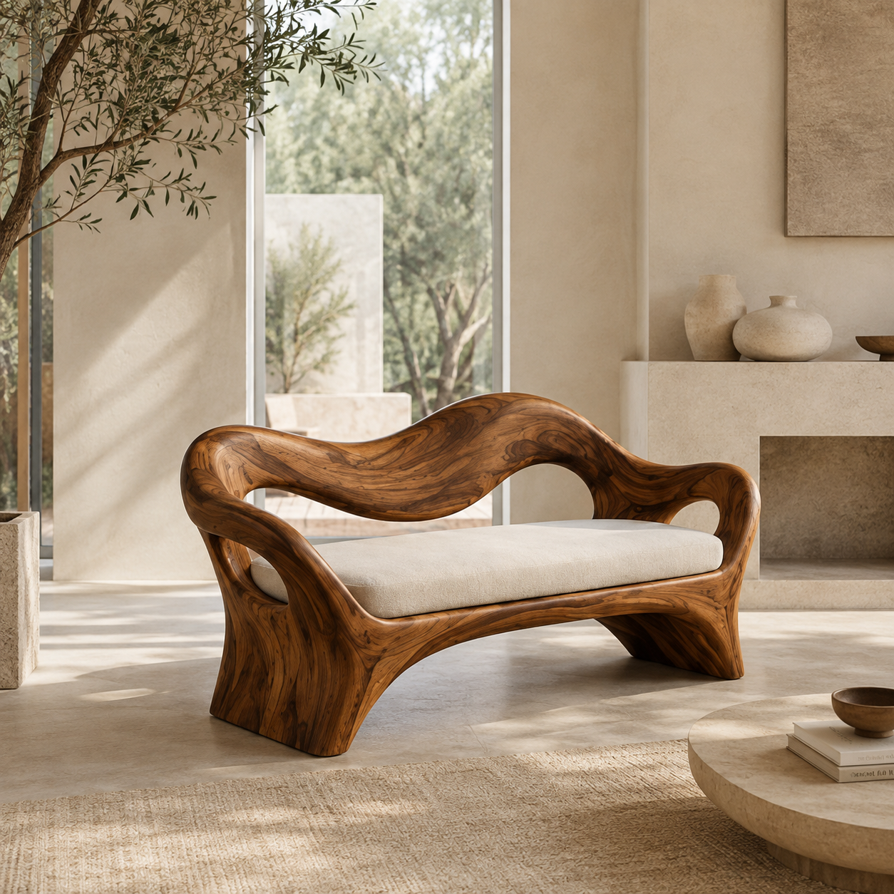 Sculptural Wave Wood Bench