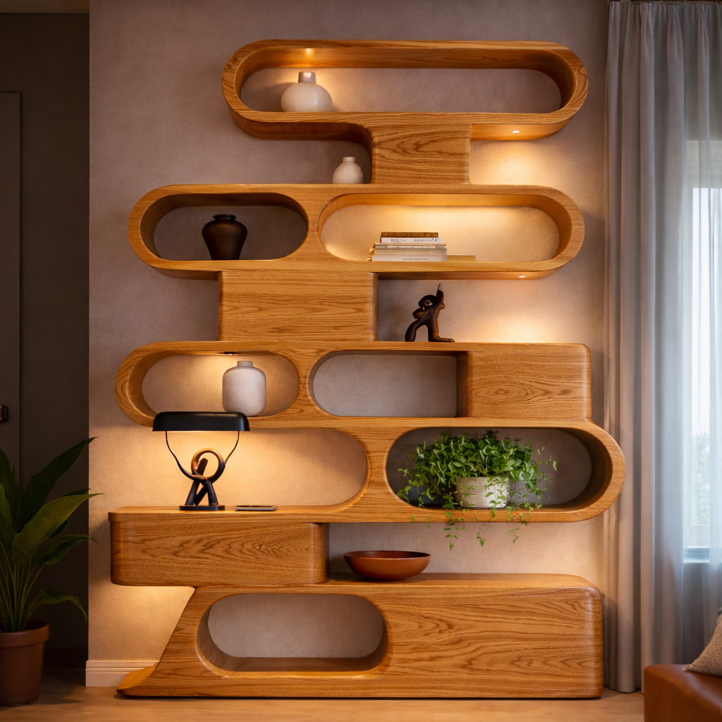 Solid Wood Sculptural Shelving Unit – Organic Wave Design