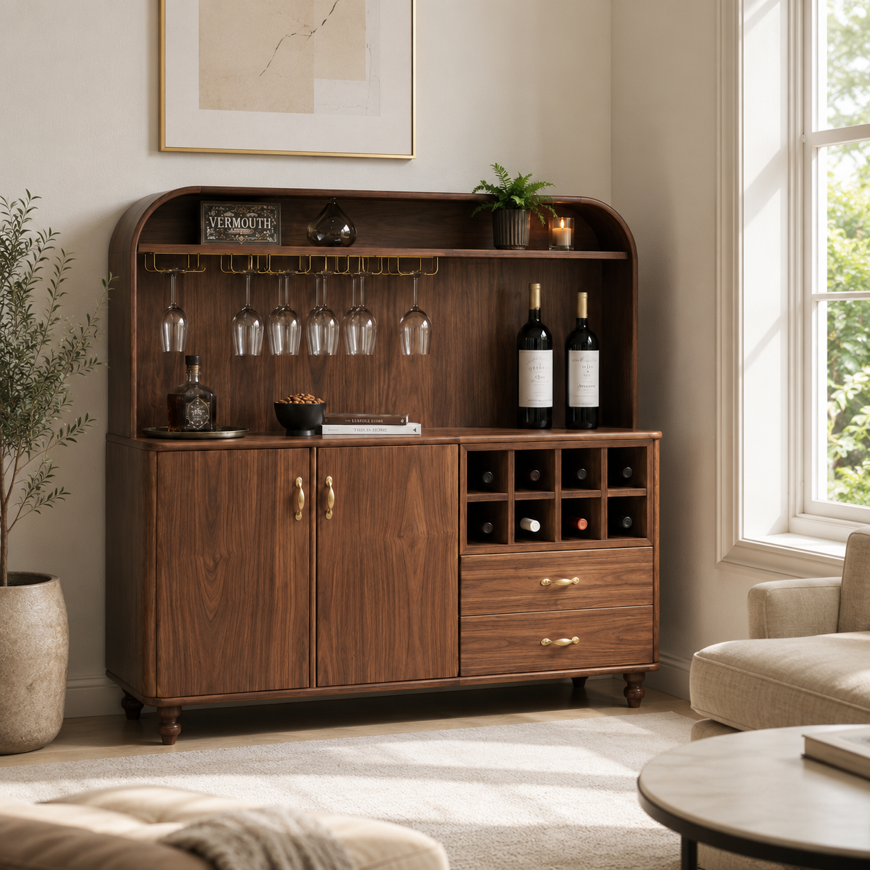 Wood Bar Cabinet – Solid Wood Wine Storage Cabinet for Living Room Decor