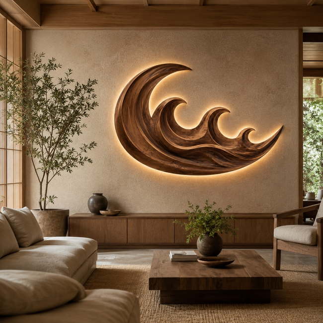Wave Wood Wall Art – Solid Wood Backlit Wall Decor for Bedroom Decor Main Image