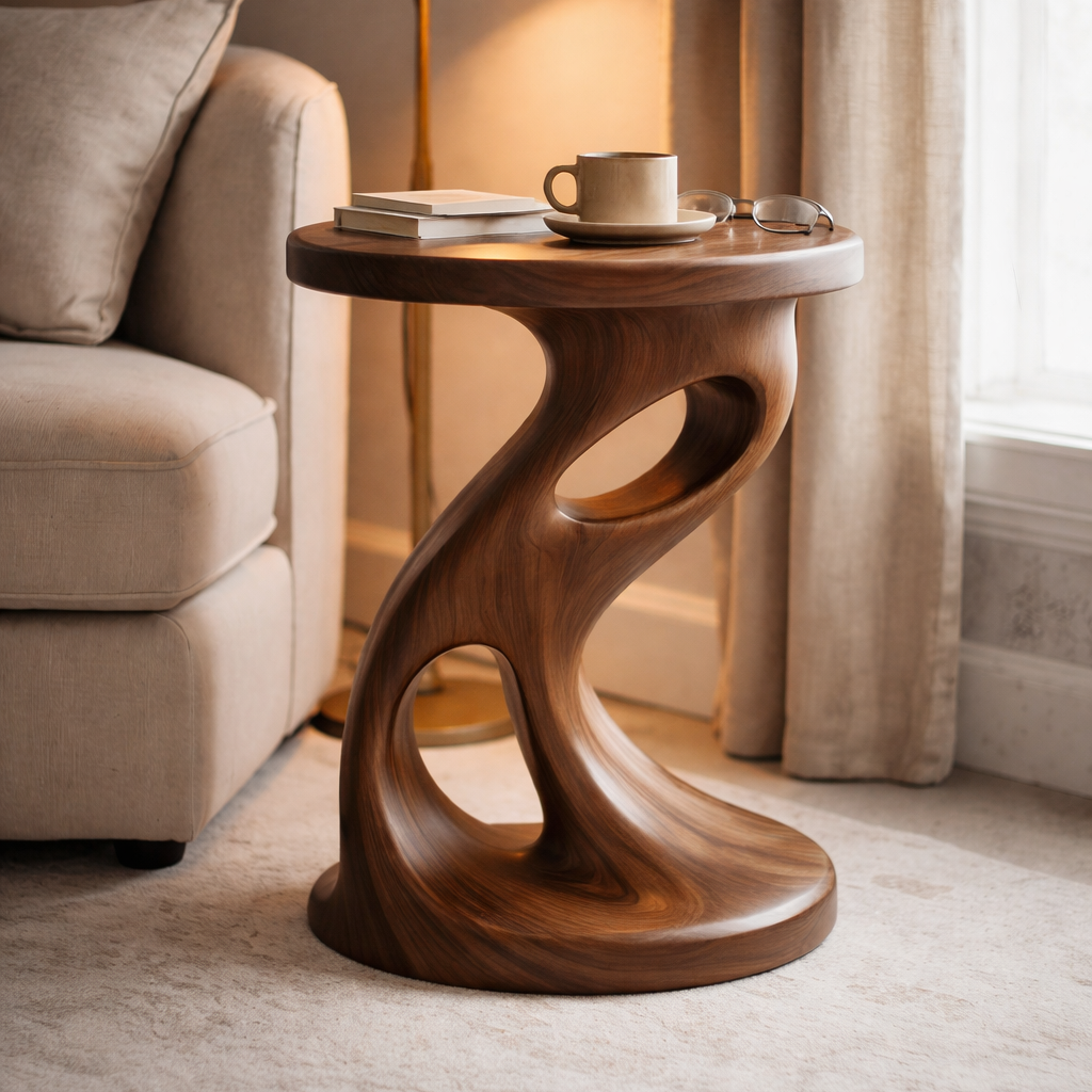 Handcrafted Solid Wood Sculptural Side Table – Organic Modern Accent