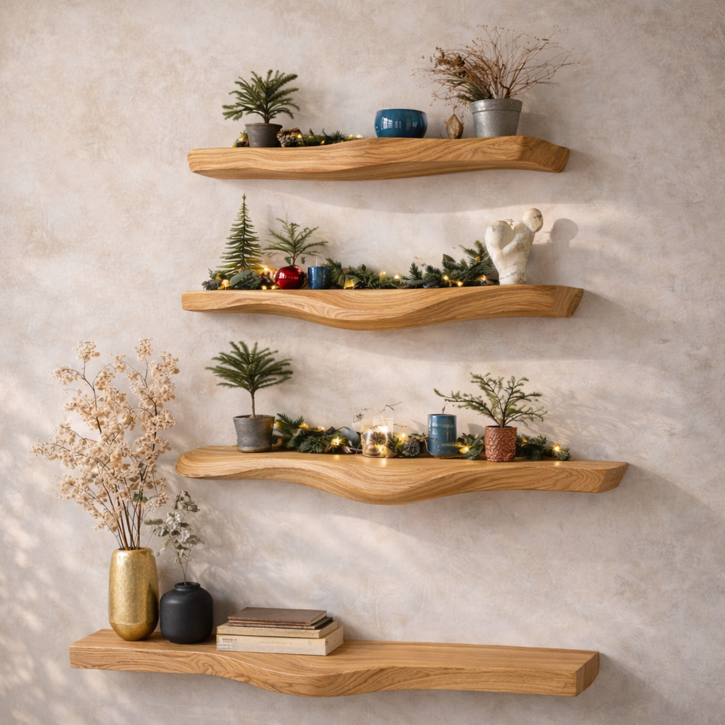 Solid Wood Live Edge Floating Shelves – Natural Rustic Storage