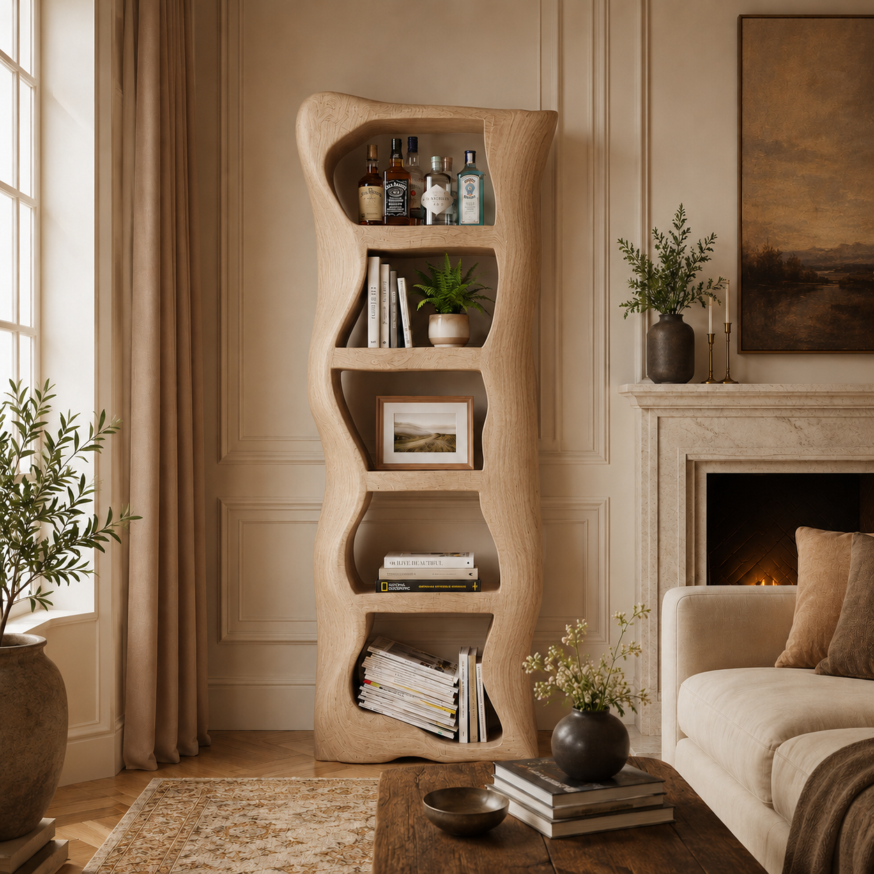 Sculptural Bookcase – Solid Wood Display Shelf for Living Room