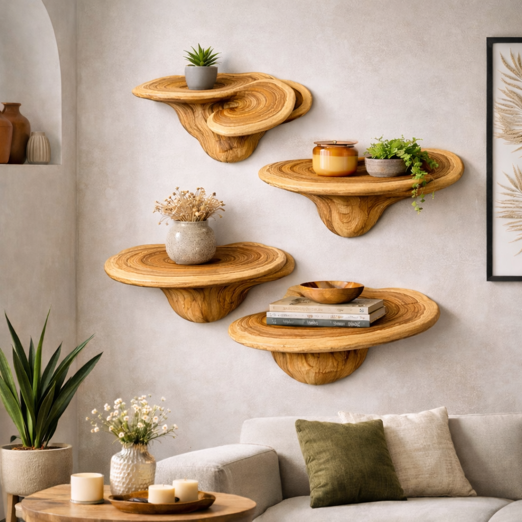 Organic Wooden Floating Wall Shelves Set – Sculptural Modular Display