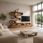 S-Shaped TV Stand – Solid Wood Media Console with Shelves for Living Room Decor