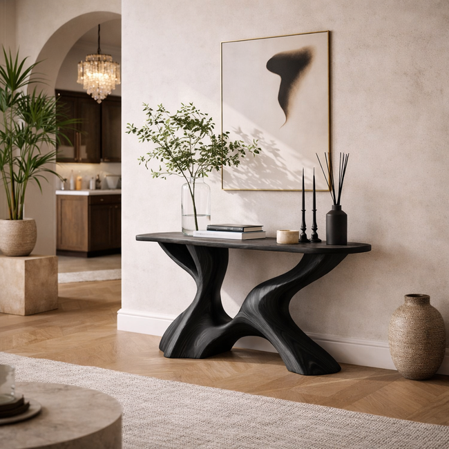 Sculptural Console Table – Solid Wood Artistic Base Table for Entryway Decor Main Image