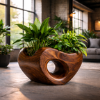 Modern Circular Wooden Planter with Lush Foliage – Artistic Home Décor