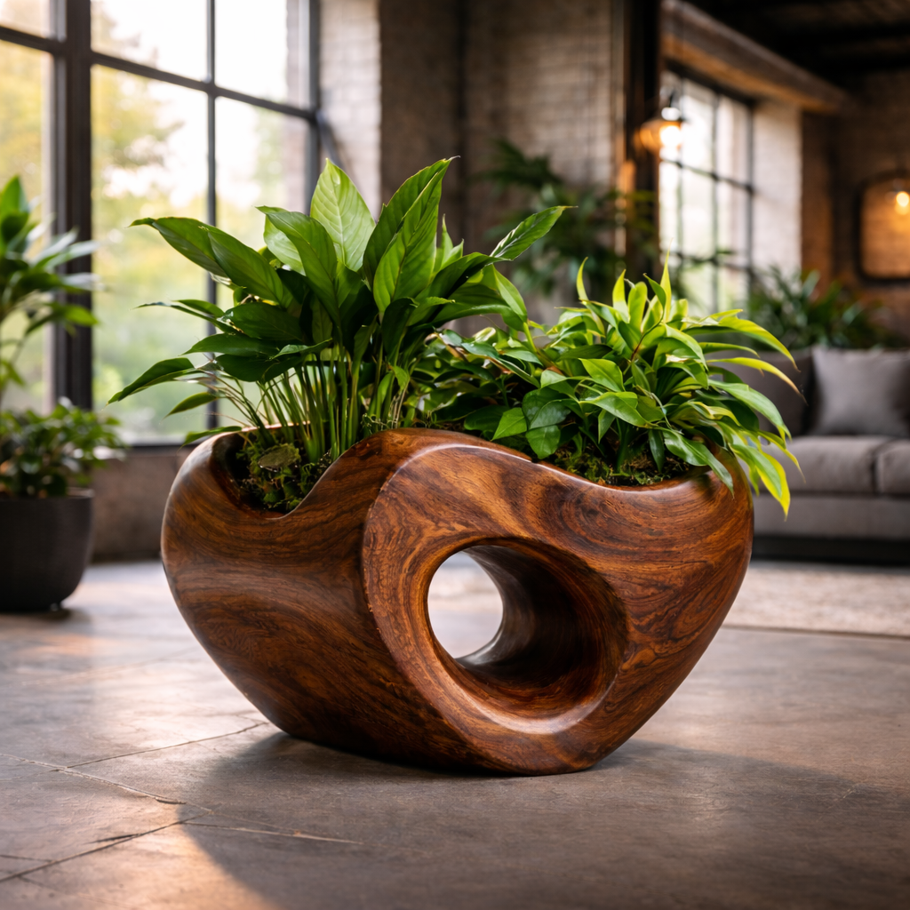 Modern Circular Wooden Planter with Lush Foliage – Artistic Home Décor