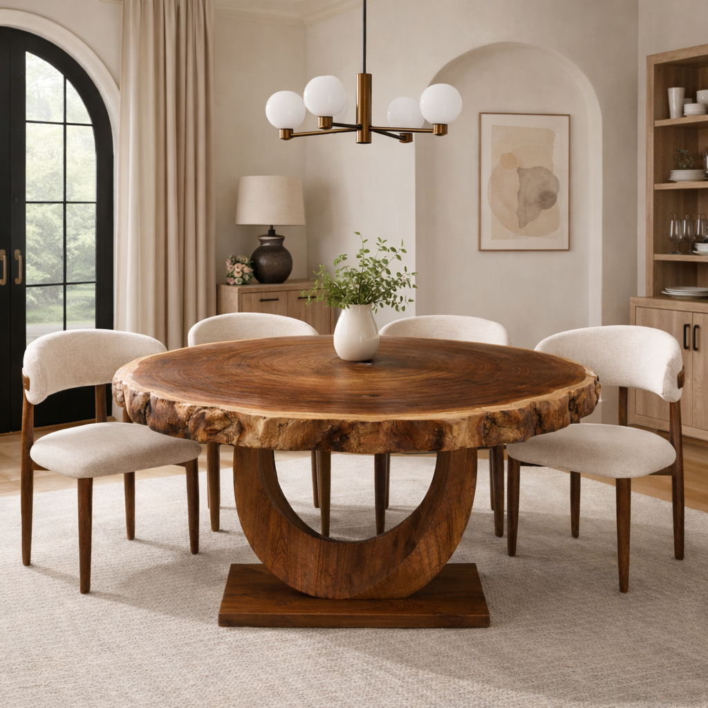 Round Solid Wood Dining Table with Sculptural Base | Modern Luxury Dining Centerpiece