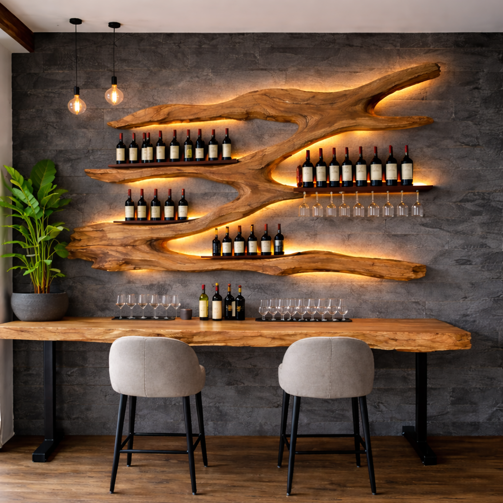 Wooden Wall-Mounted Wine Rack – Sculptural Display