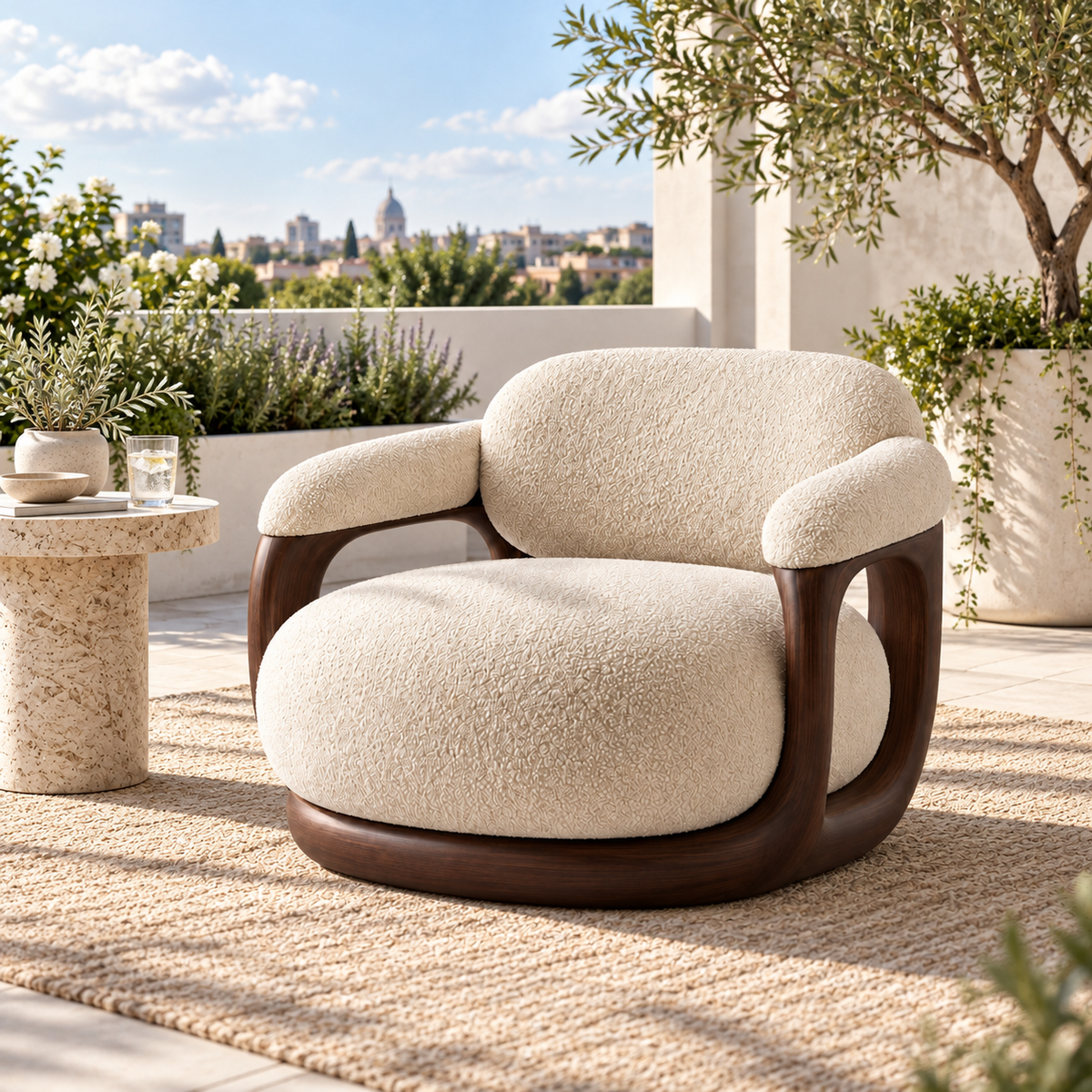 Sculptural Bouclé Swivel Lounge Chair