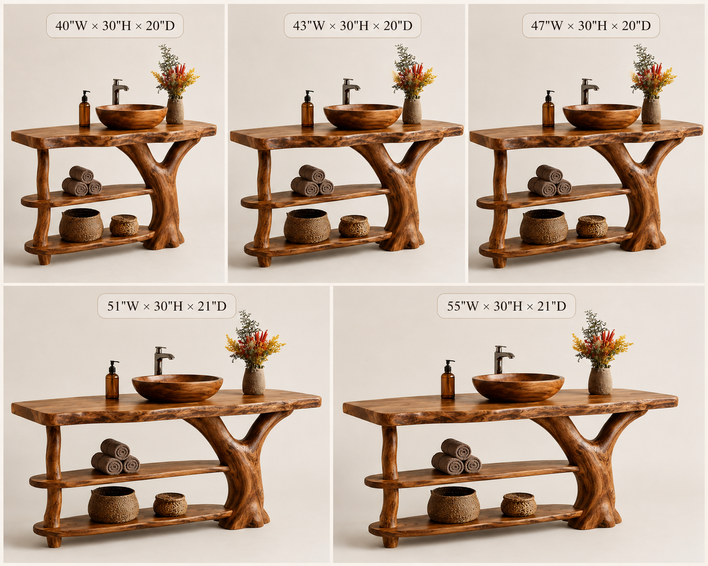 Live Edge Wood Bathroom Vanity – Solid Wood Sink Console with Storage Shelf for Bathroom Decor