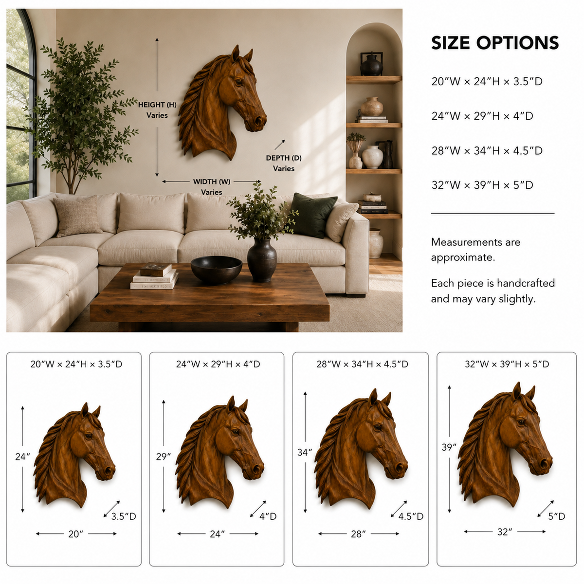 Horse Head Wood Wall Art – Solid Wood 3D Animal Sculpture for Entryway Decor