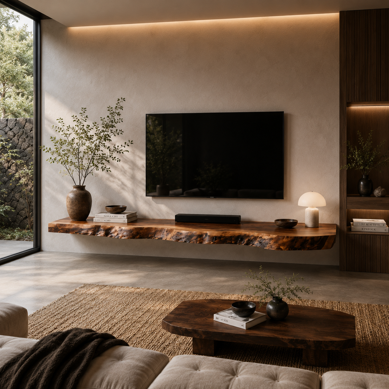 Live Edge TV Stand – Solid Wood Floating Console for Modern Living Room Decor