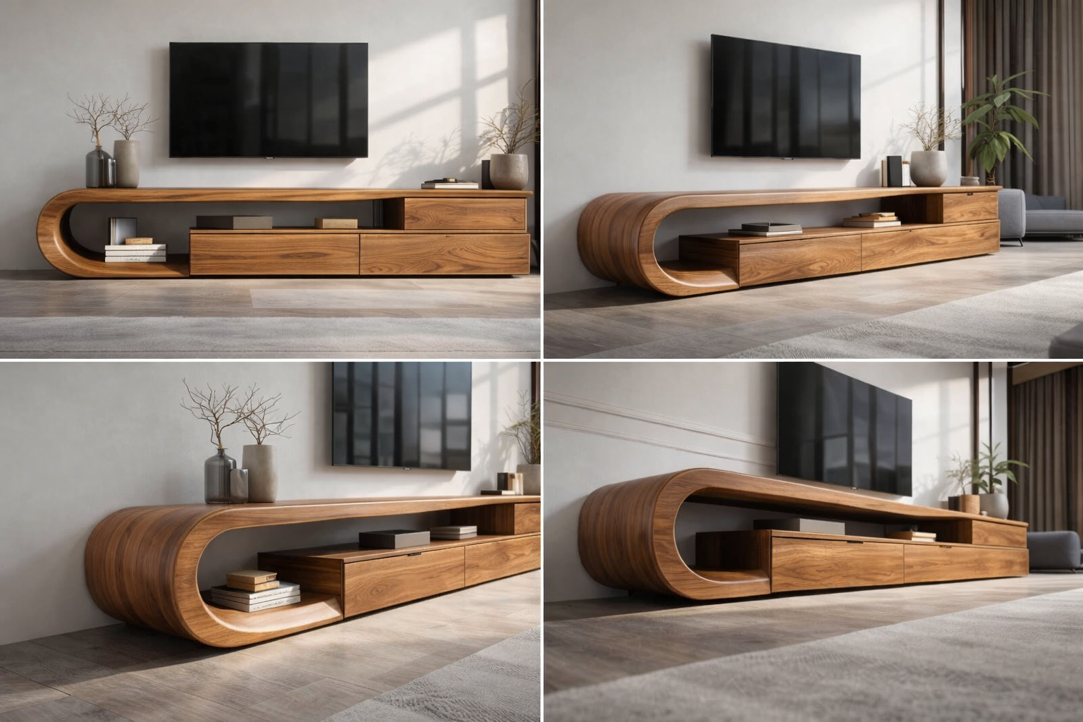 Solid Wood Curved Media Console – Sculptural Low-Profile TV Stand
