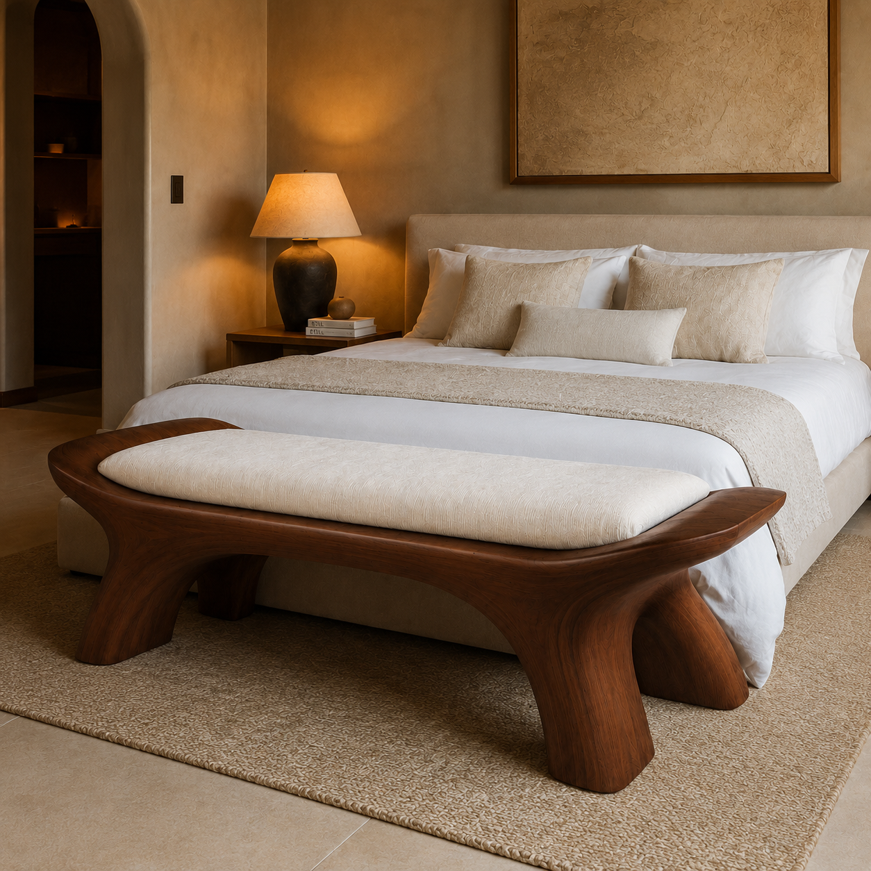 Sculptural Wood Bedroom Bench – Solid Wood End of Bed Bench with Cushion for Bedroom Decor