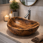 Hand-Carved Solid Wood Vessel Sink – Natural Grain Bathroom Basin