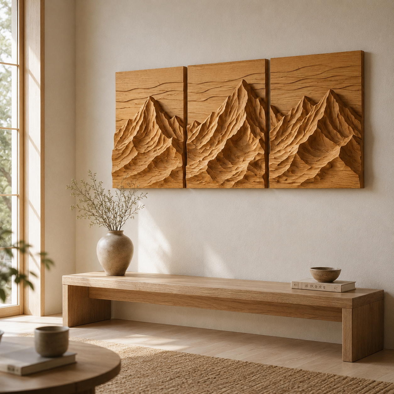 Mountain Wood Wall Art – Solid Wood 3 Panel Carved Wall Decor for Entryway Decor