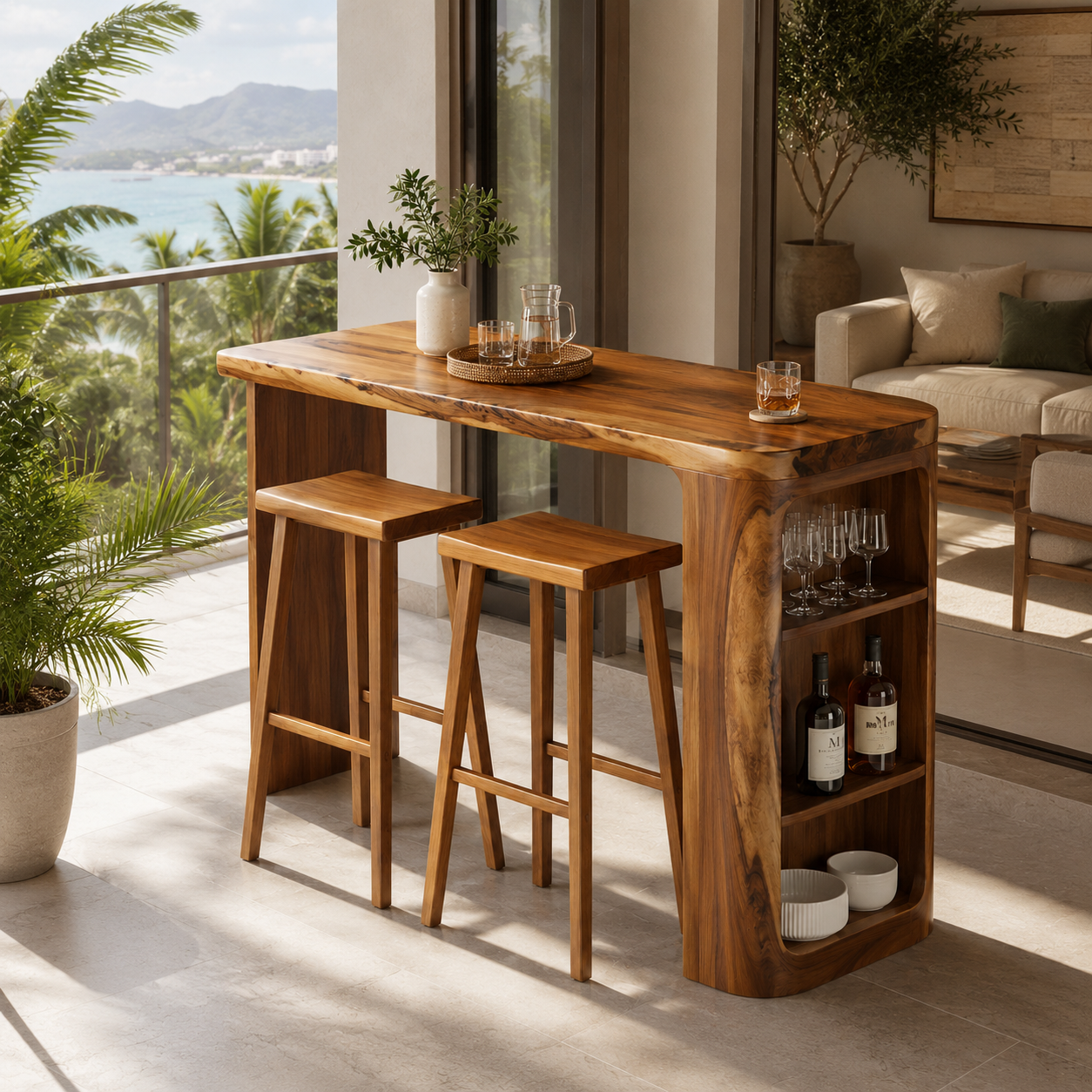 Live Edge Wood Bar Table Set – Solid Wood Home Bar Counter with Storage Shelves and Stools