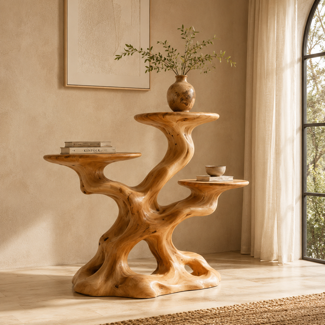 Sculptural Wooden Plant Stand – Solid Wood Display Table for Living Room and Modern Home Decor Hover Image