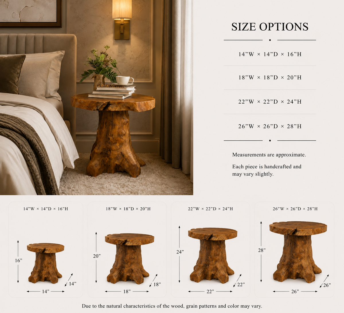 Tree Stump Nightstand – Solid Wood Bedside Table for Bedroom