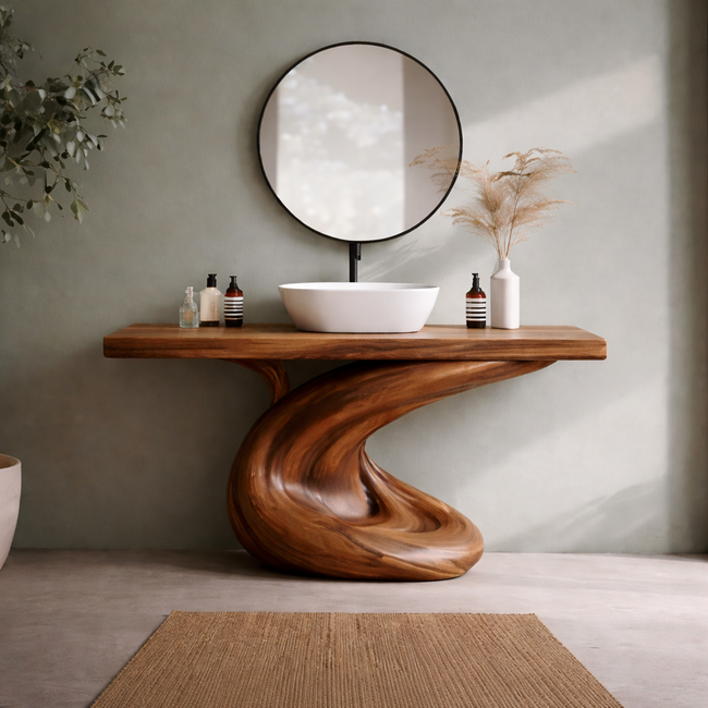 Elegant Modern Wooden Sink Vanity with Circular Mirror | Stylish Bathroom Wall-Mount Set Main Image