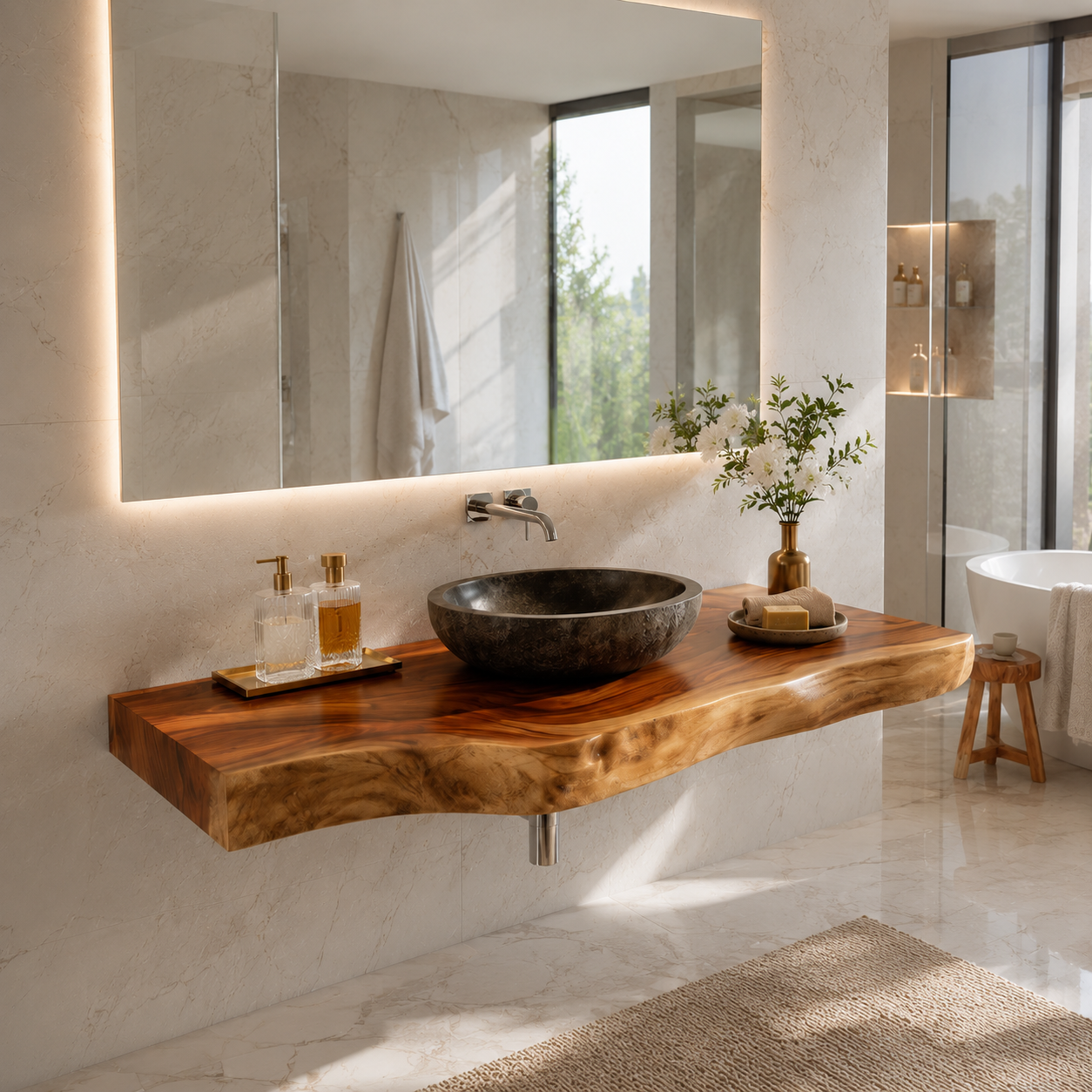 Live Edge Wood Floating Bathroom Vanity – Solid Wood Wall Mounted Sink Console for Bathroom Decor