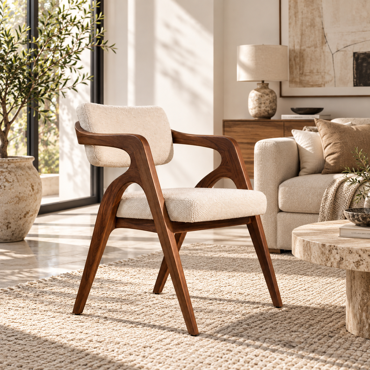 Sculptural Walnut Wood Upholstered Armchair