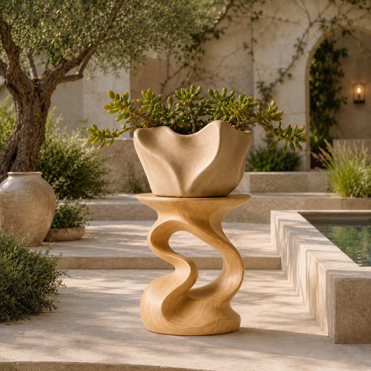 Sculptural Planter Stand – Solid Wood Plant Stand for Indoor and Outdoor Decor