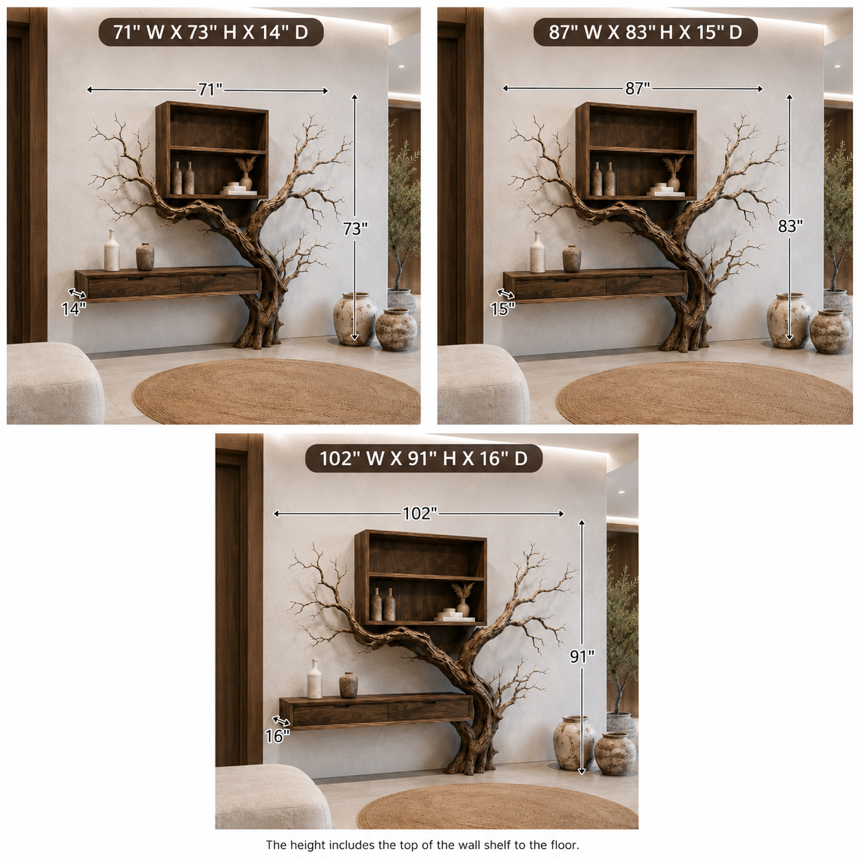 Tree Branch Wood Wall Console – Solid Wood Floating Cabinet with Sculptural Branch Shelf