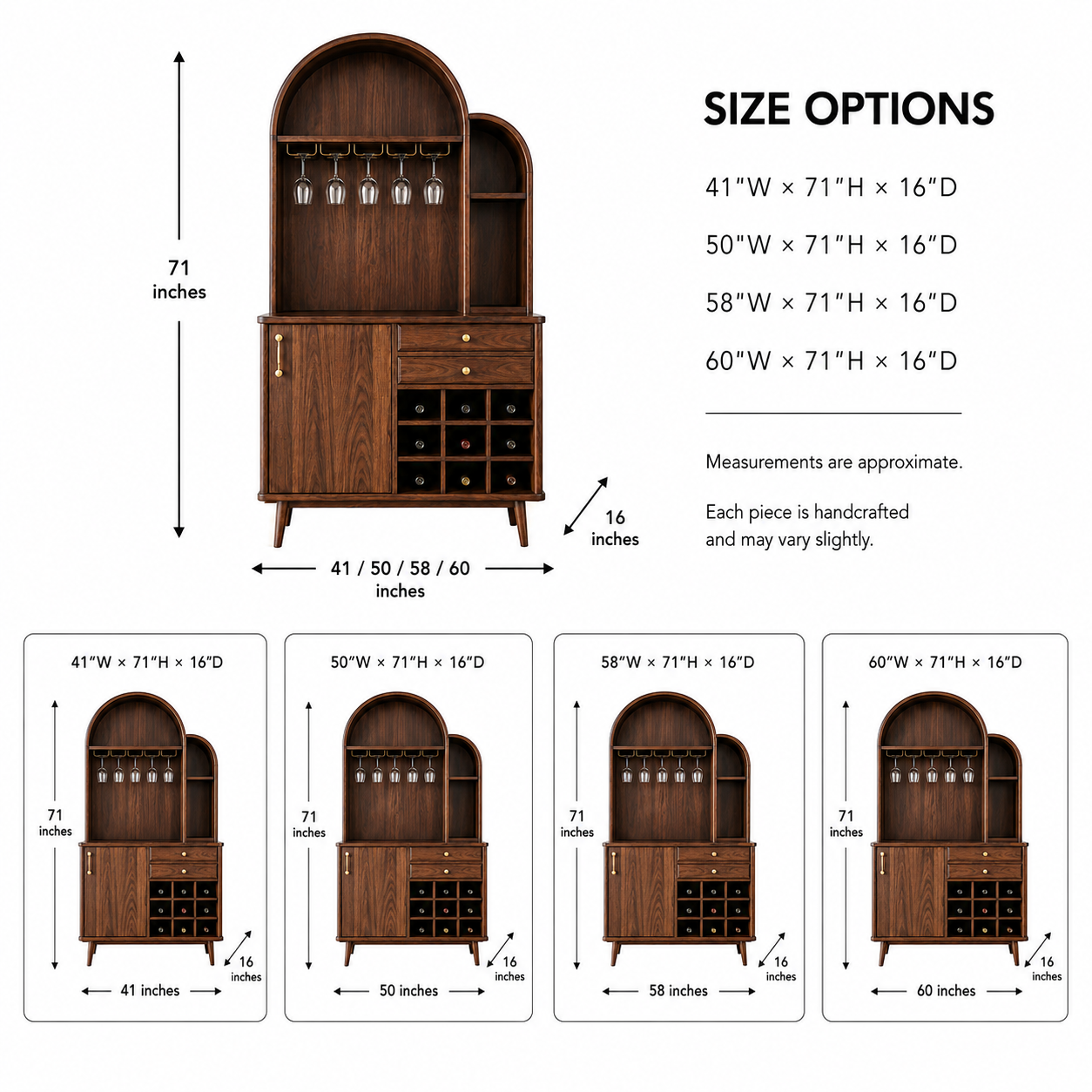 Arched Wood Wine Cabinet – Solid Wood Bar Storage Cabinet for Dining Room Decor