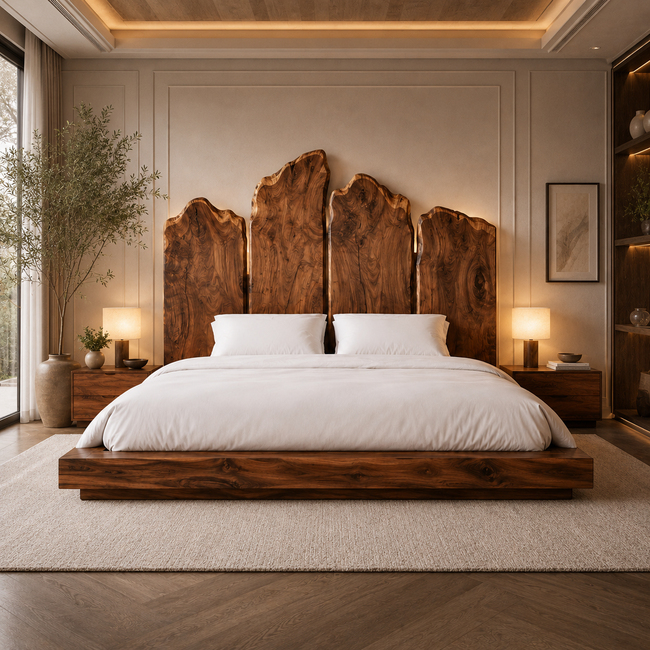 Solid Wood Platform Bed Frame – Modern Luxury Wooden Bedroom Furniture Hover Image