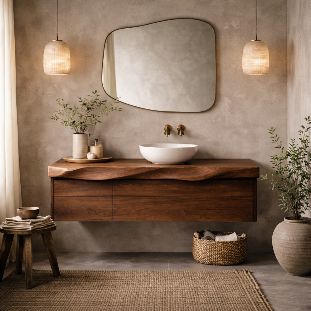 Modern Solid Wood Floating Bathroom Vanity with Sculpted Front