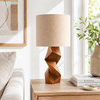 Geometric Wood Table Lamp – Solid Wood Bedside Lamp for Living Room Decor