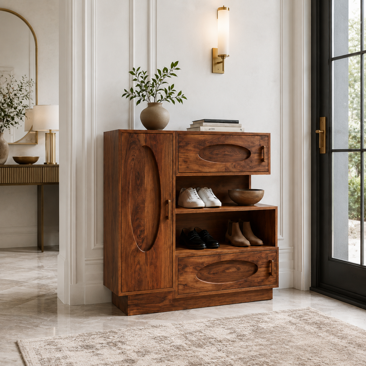 Solid Wood Entryway Shoe Cabinet – Wooden Storage Cabinet with Shelves and Drawers for Home Decor