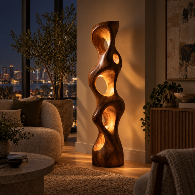 Organic Cutout Sculptural Wood Floor Lamp Hover Image