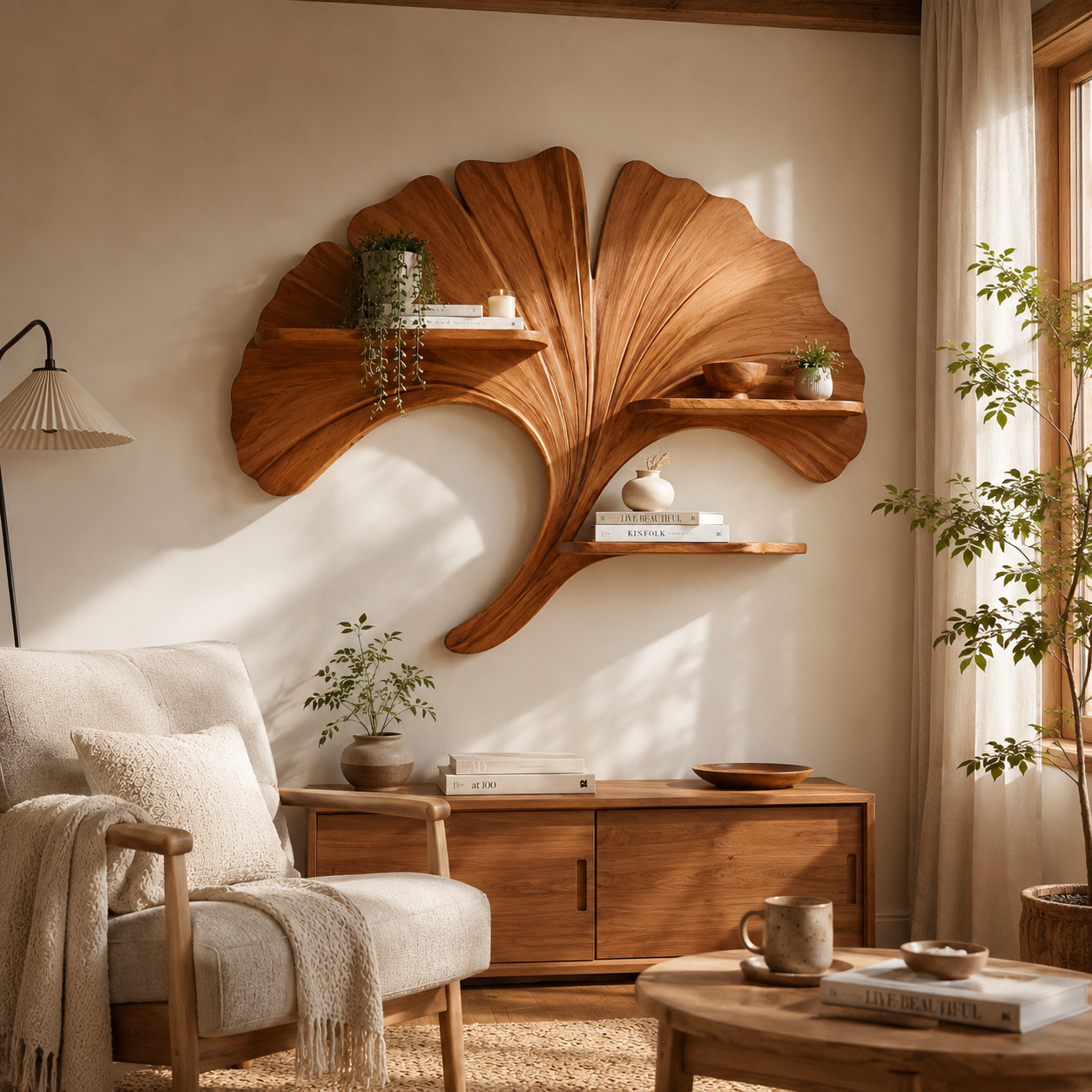 Ginkgo Leaf Wood Wall Shelf – Solid Wood Floating Display Shelf for Living Room Decor