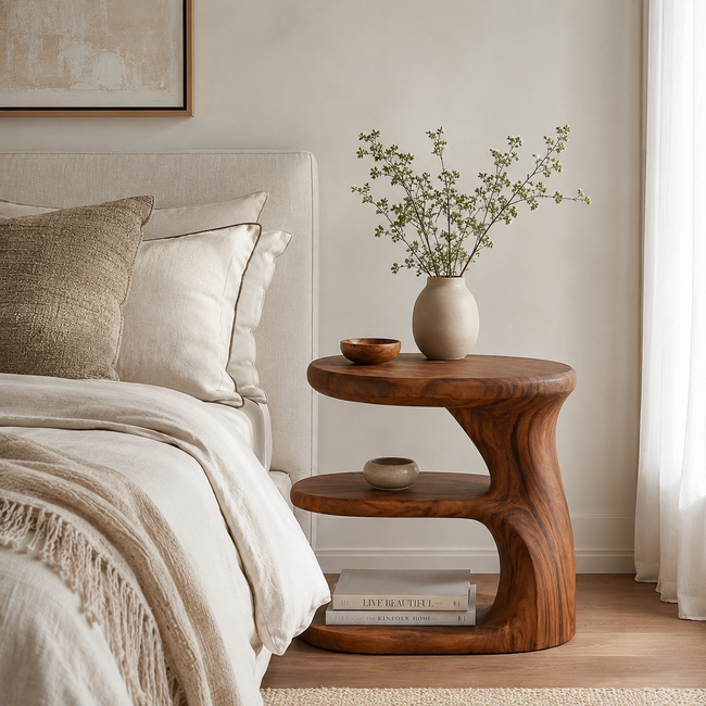 Sculptural Wood Nightstand – Solid Wood Bedside Table for Bedroom Decor Main Image