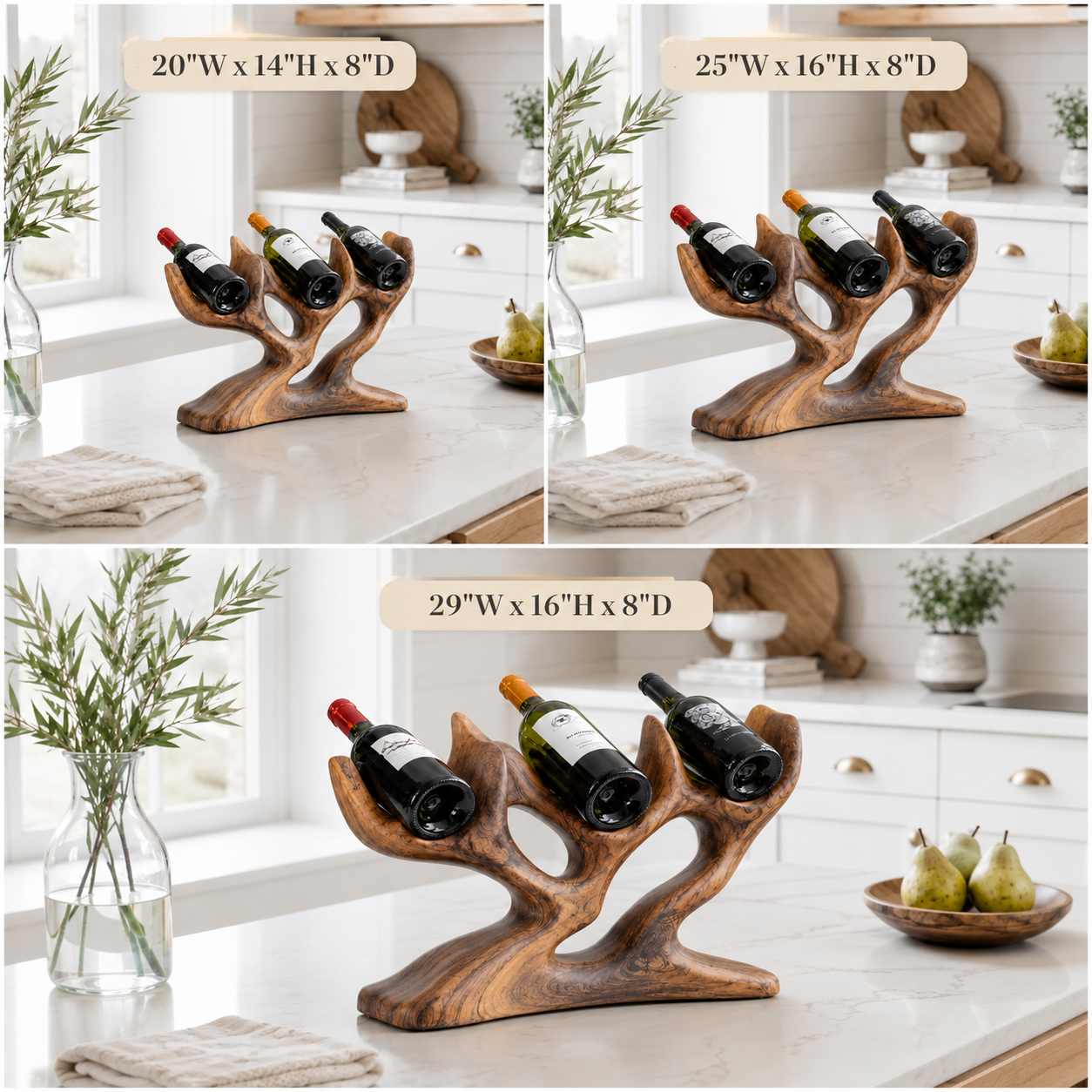 Branch Wood Wine Rack – Solid Wood 3 Bottle Display Stand for Dining Room Decor