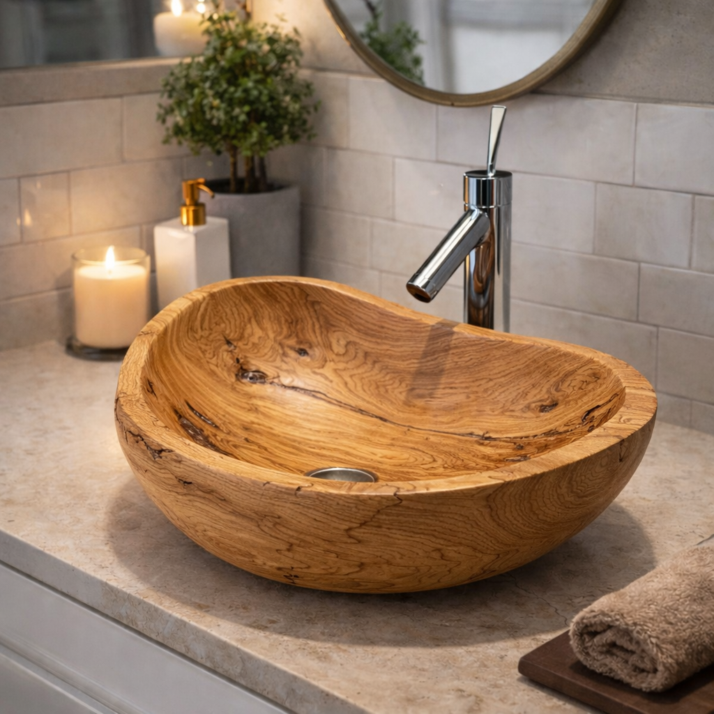Hand-Carved Solid Wood Vessel Sink – Natural Grain Bathroom Basin