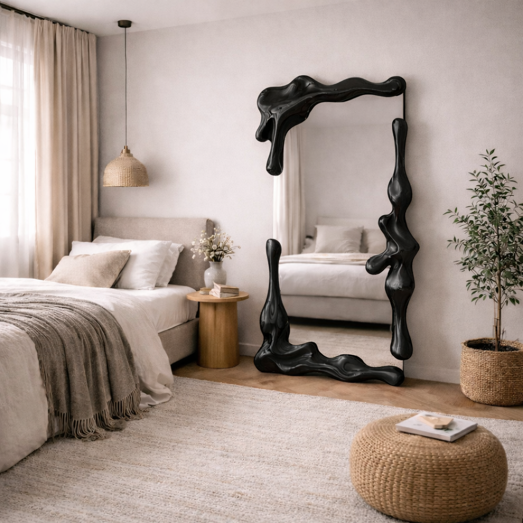 Sculptural Hand-Carved Solid Wood Floor Mirror – Full Length