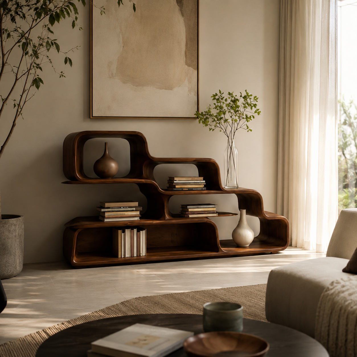 Modular Wood Bookshelf – Solid Wood Stacking Display Shelf for Living Room Decor