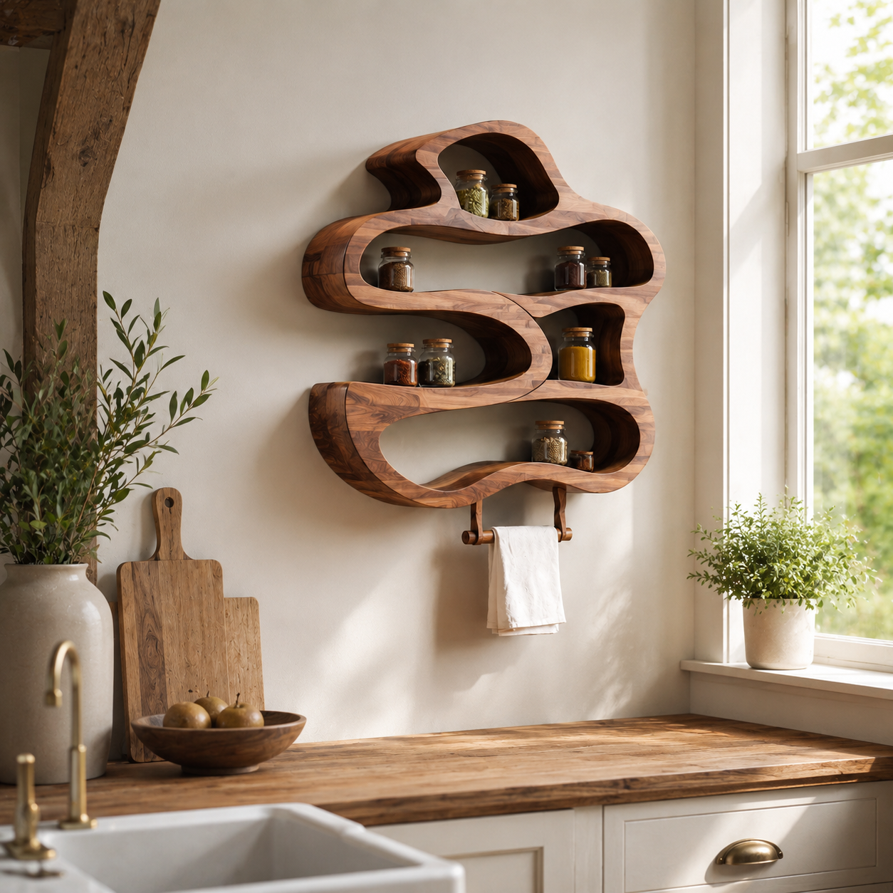 Organic Wood Kitchen Shelf – Solid Wood Wall Mounted Spice Rack for Kitchen Decor