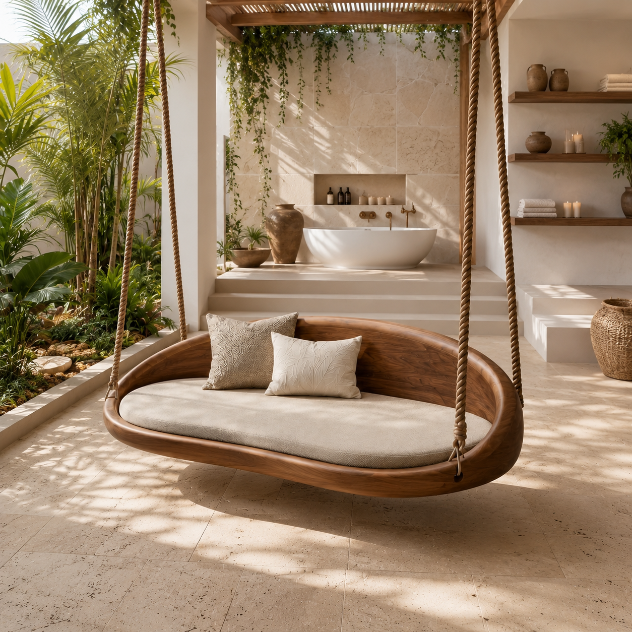 Round Wood Hanging Swing Sofa – Solid Wood Indoor Porch Swing with Cushions for Sunroom Decor