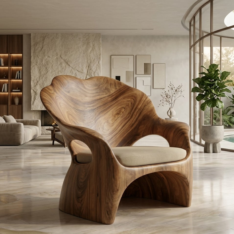 Sculptural Lounge Chair – Solid Wood Accent Chair with Cushioned Seat