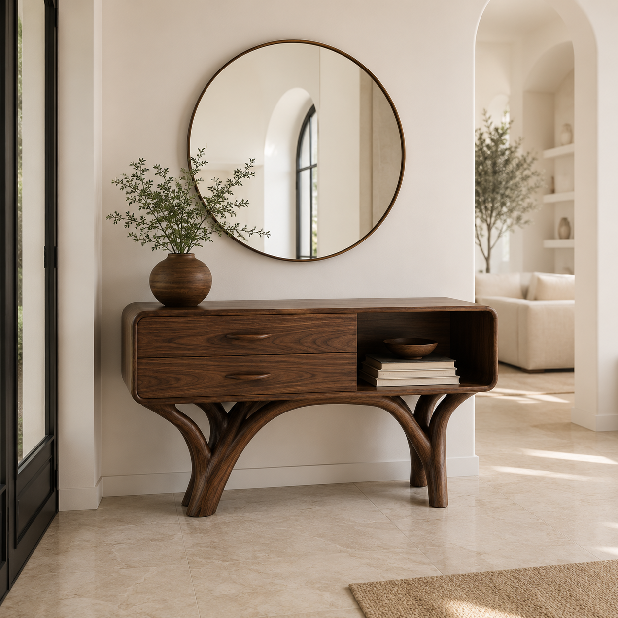 Wood Console Cabinet – Solid Wood Entryway Storage Table with Drawers and Open Shelf